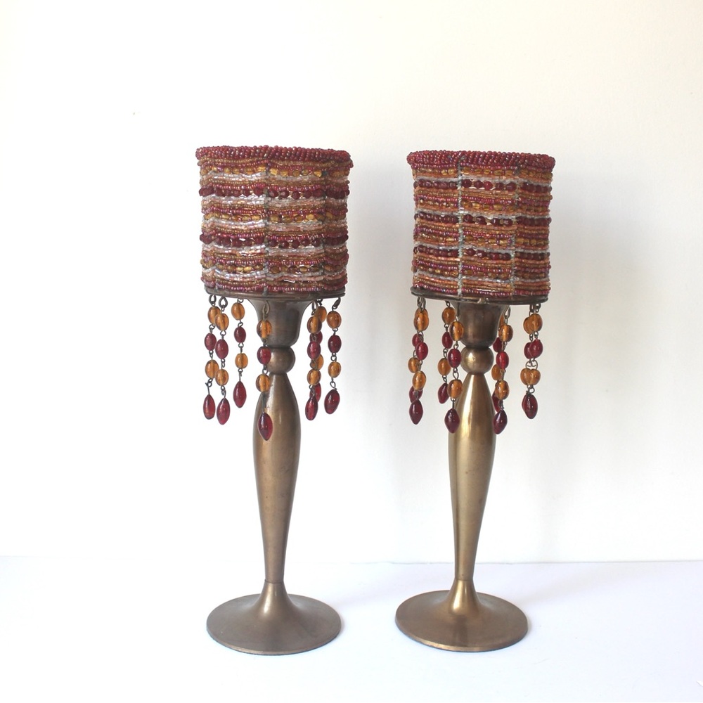 Pair of Beaded Brass Candle Holders, Vintage Boho Style Decor Two Candleholders